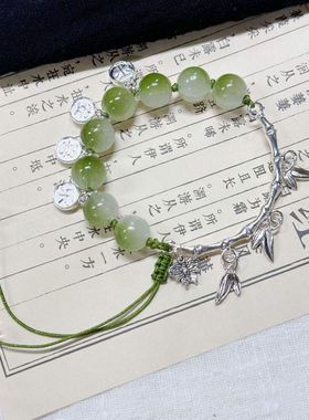 2024新款新中式古风绿色竹节半镯铃铛串珠手链小众清冷感手串手饰