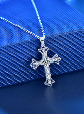 项链轻奢小众5项链2024新款爆款纯银项链莫桑石十字架项链锁骨链