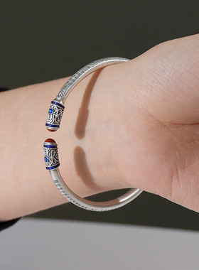 南红百福祥云如意心经圆棍纯银手镯女足银9999新中式级感银镯子