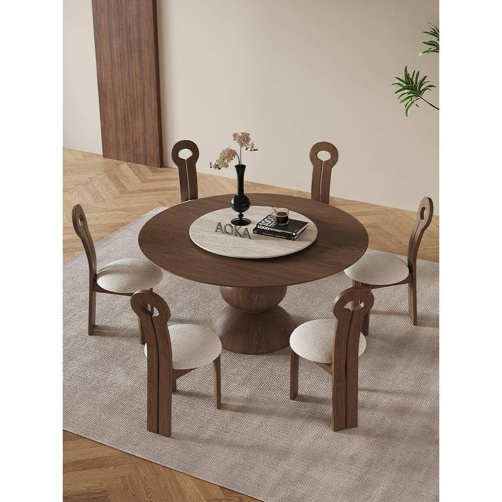 复古风实木圆桌家用小户型设计师圆形胡桃色饭桌法式圆餐桌椅组合,淘宝优惠券,粉丝福利购,淘宝优惠卷