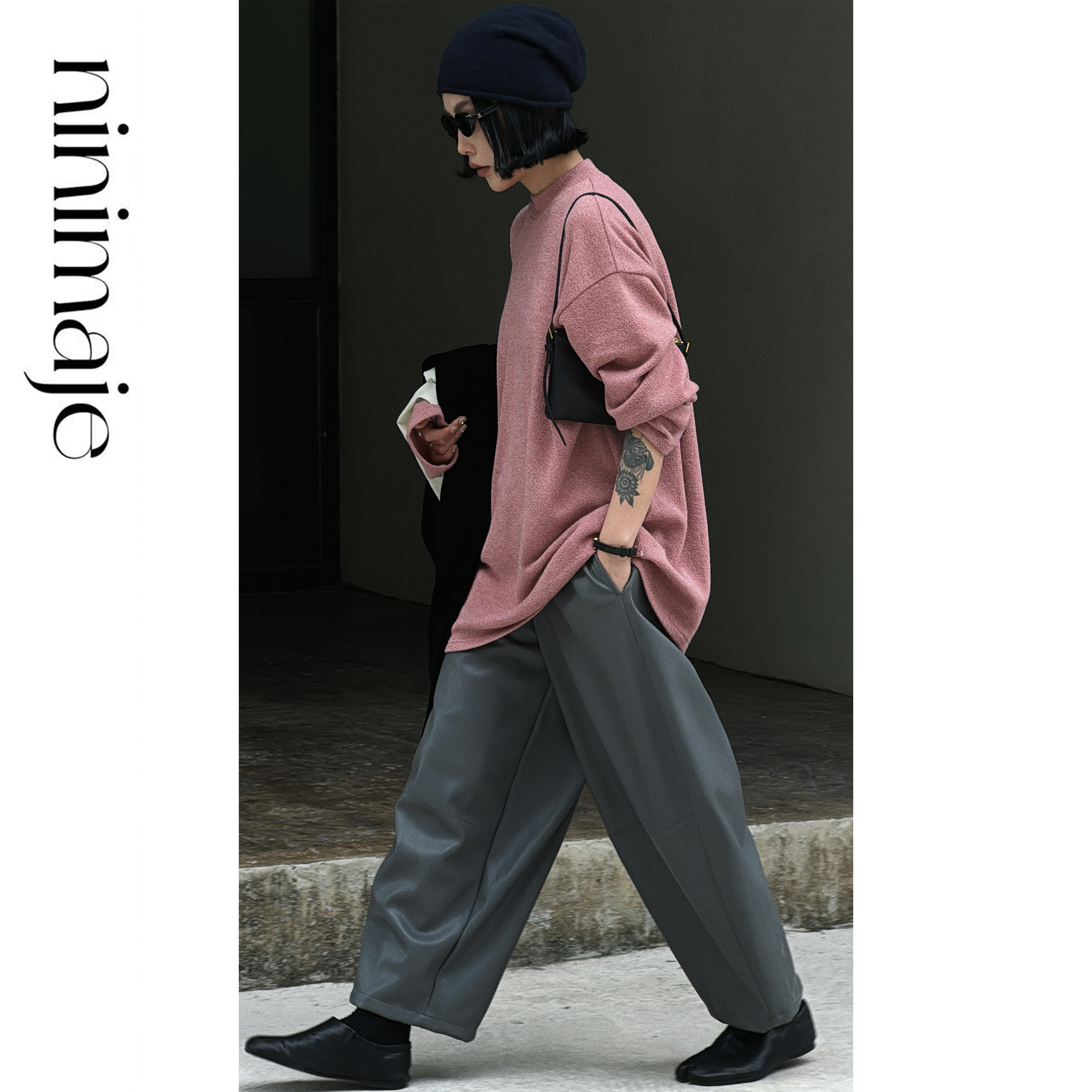 南北贝'针织t'极简设计纯色叠穿圆领短袖上衣+好看显瘦长袖两件套 - 图1