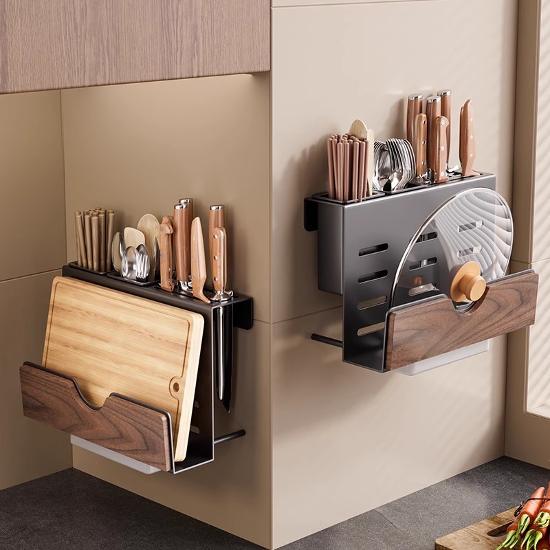 Walnut kitchen storage rack, multifunctional integrated knife holder, chopstick cage, chopstick barrel, pot cover, chopping board, cutting board storage rack