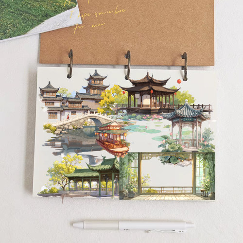 50张造景贴纸古代庭院建筑街摊贩贴纸马车小摊位透明贴纸3D景观国风手账拼贴手机潮流古代街摊笔记本小贴纸画 - 图2