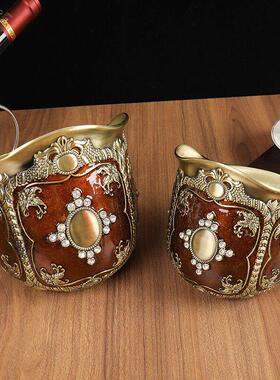 欧式奢华金属雕刻装饰品收纳桶家居客厅茶几干果皮桌面垃圾桶摆件