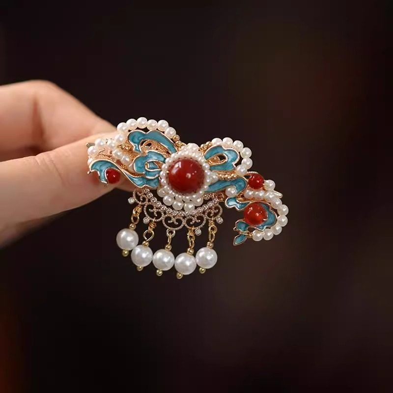 新中式古风祥云珍珠流苏发夹侧边汉服发饰对夹古典国风烧蓝夹子女,淘宝优惠券,粉丝福利购,淘宝优惠卷