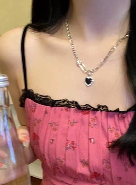 极速黑色爱心项链女别针满钻ins个性时R尚复古百搭锁骨链