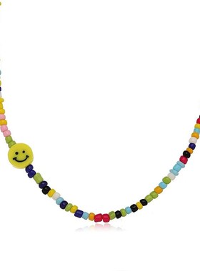 极速叨潮流黄色笑脸米珠项链手工A时尚彩色米珠锁骨链波西米亚短