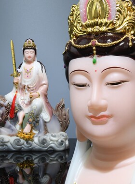 极速文殊菩萨佛像彩绘汉白玉普贤菩D萨像佛堂居家摆件华严三圣家