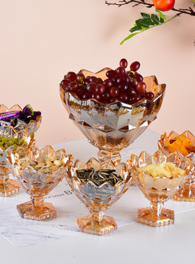 极速高脚c玻璃琥珀色果斗七件套玻璃水果捞小碗家用零食碗