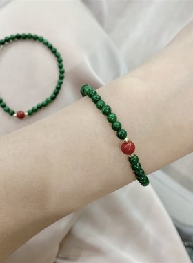 极速干青搭配朱砂女款单圈女款手链 4mm左右小颗粒干青.手串 墨绿
