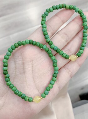 极速橄榄军绿色色菱镁矿搭t配天然蜜蜡珠子单圈女款手链  衬肤色