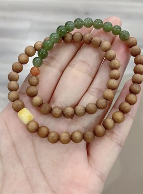 极速天然和e田玉碧玉搭配老山檀蜜蜡南红两圈女款手链 文玩盘玩手