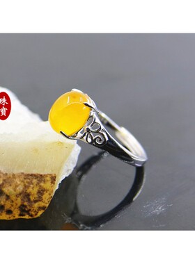宏利S925银戒指空托 女戒托银托镶嵌爪镶蜜蜡银饰指环简约 8*10