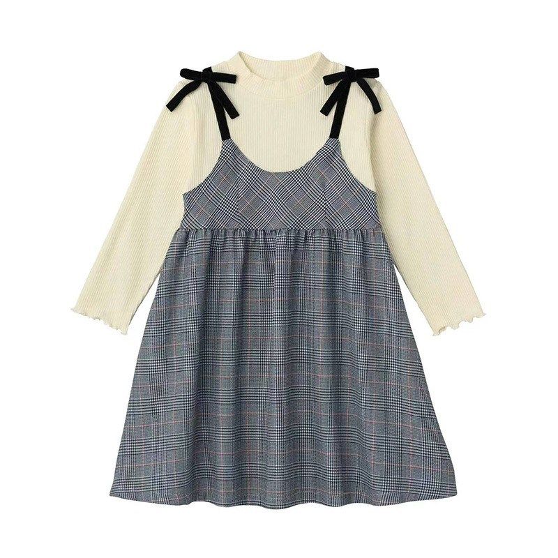 女童假两件连衣裙秋冬款加厚吊带蝴蝶结甜美裙子中大童格子亲子装,淘宝优惠券,粉丝福利购,淘宝优惠卷