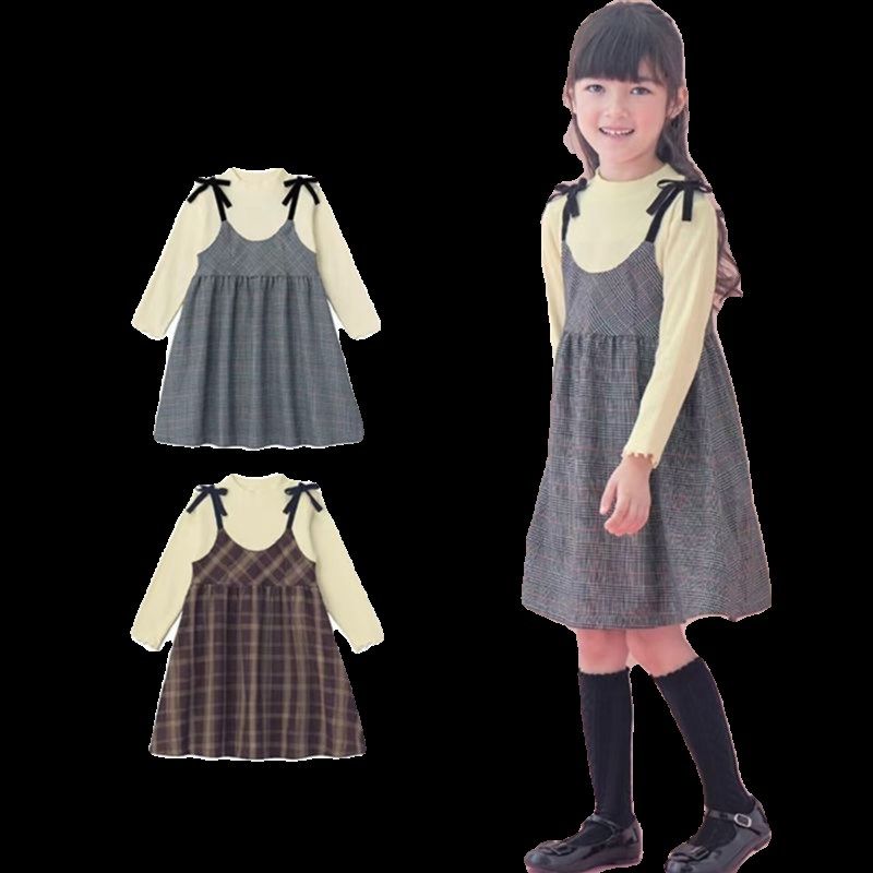 女童假两件连衣裙秋冬款加厚吊带蝴蝶结甜美裙子中大童格子亲子装,淘宝优惠券,粉丝福利购,淘宝优惠卷