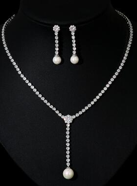 极速项链锆石耳i环套装简约吊坠流苏珍珠饰品礼服新娘婚纱韩版锁