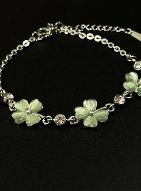 森系小清新绿色四叶草手链小众设计仿猫眼石精致耳钉锁骨链