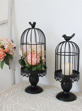 黑色烛台装饰鸟笼铁件烛台复古套二简约家居饰品装饰摆件多肉花盆