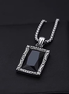 ROCK PUNK方形黑曜石吊牌钛钢男士项链吊坠不掉色简约百搭潮饰品