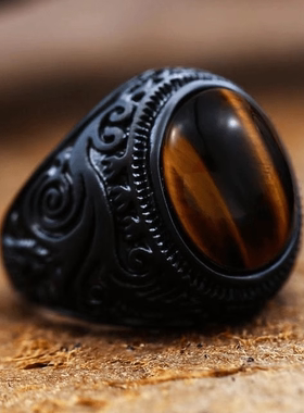 ROCK PUNK雕花时尚潮牌古镶松石戒指创意钛钢铸造电镀黑色食指环