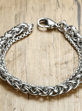 ROCK PUNK时尚小众设计编织手链冷淡风男士潮牌轻奢双链条手饰品