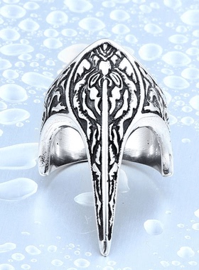 ROCK PUNK时尚潮牌复古雕花盔甲钛钢戒指创意男士龙爪个性食指环