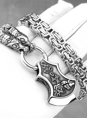 维京狼斧头钛钢吊坠符文龙头链
