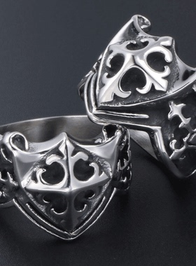 ROCK PUNK霸气小众欧美十字花纹盾牌男戒指时尚潮人创意钛钢指环