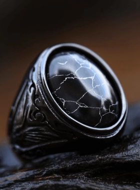 ROCK PUNK潮牌朋克风黑松石钛钢戒指男士高档霸气时尚单身饰品