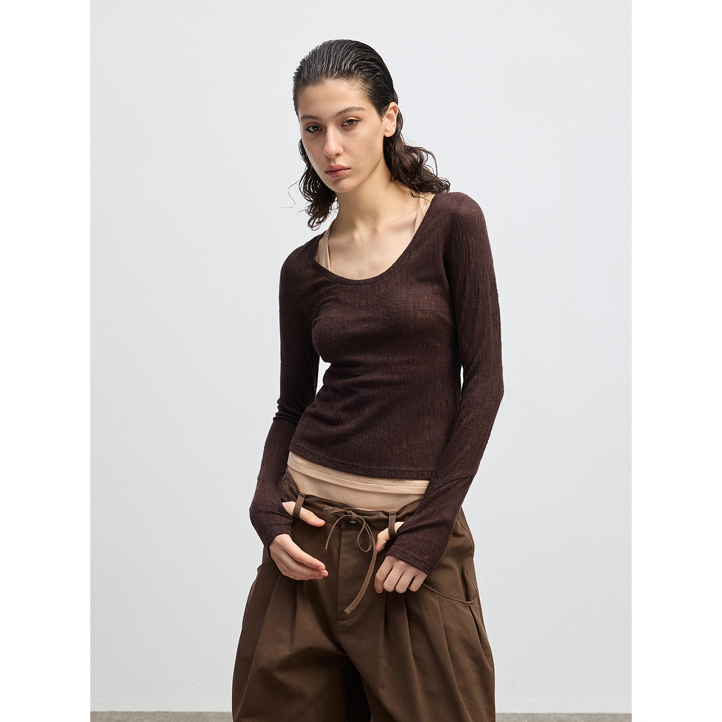 NUMBER HERE 天然光泽感优质羊毛轻盈高级质感真两件长袖T恤 - 图2