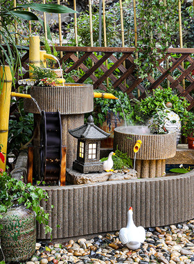 庭院入户花园布置循环流水摆件小院鱼池装饰假山石磨造景园林景观