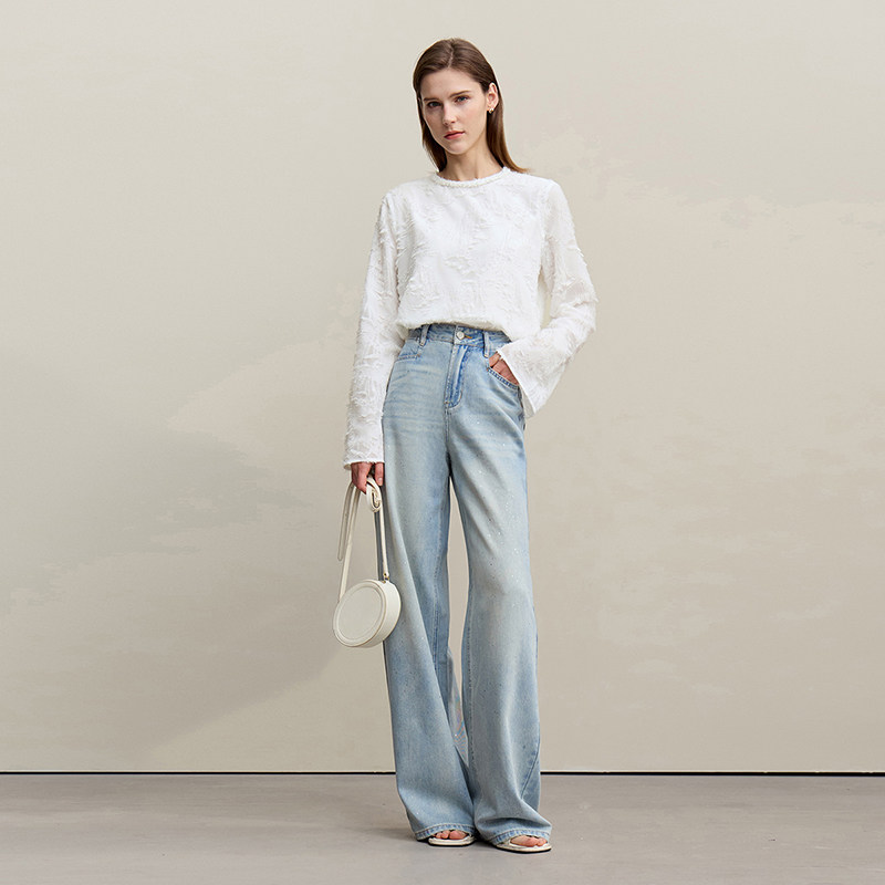 Amii2026春新款圆领拼香风织带凤尾剪花肌理雪纺衫女喇叭袖上衣,淘宝优惠券,粉丝福利购,淘宝优惠卷