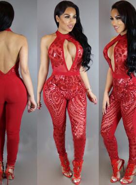 新品The new Europe 2017 ms sequins jumpsuitsW妇女亮片性感连
