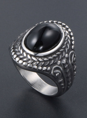 新品Retro made old titanium stzeel ring mens inlaid gem rin