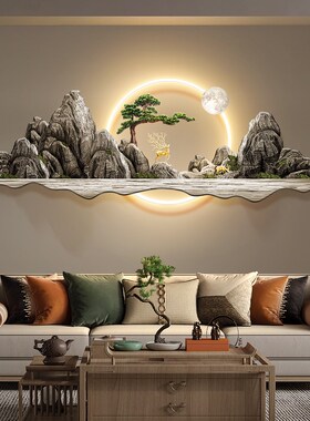极速背有b靠山客厅装饰画新中式迎客松树茶室挂画月球沙发背景墙
