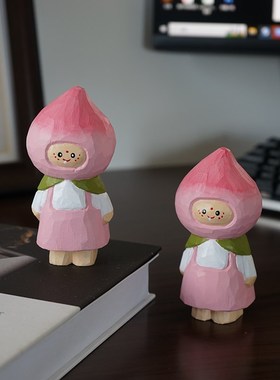 桃子人手工木雕小摆件木质雕刻治愈系动物书桌台面装饰礼物