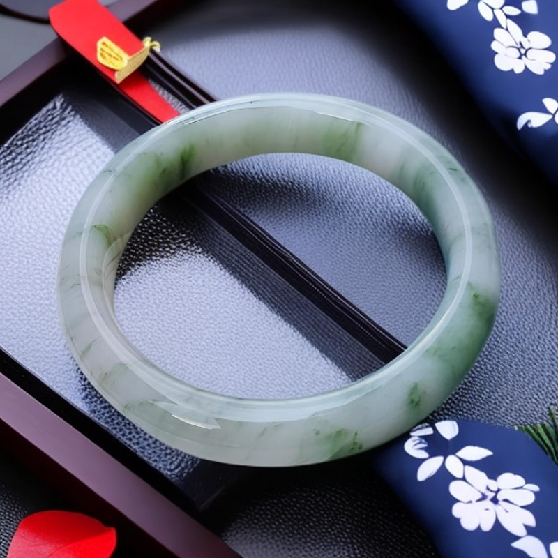 玉眸印象天然正品天山翠手镯飘花翠色雪翠玉镯玉手镯女款送证书 - 图0