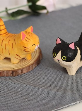 手工木雕大猫桌面摆件木质雕刻工艺品呆萌猫咪萌宠解压礼品日式