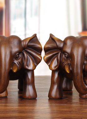 木雕大象摆饰工艺礼品摆饰实木质大号可爱象摆设一对客厅电视酒柜