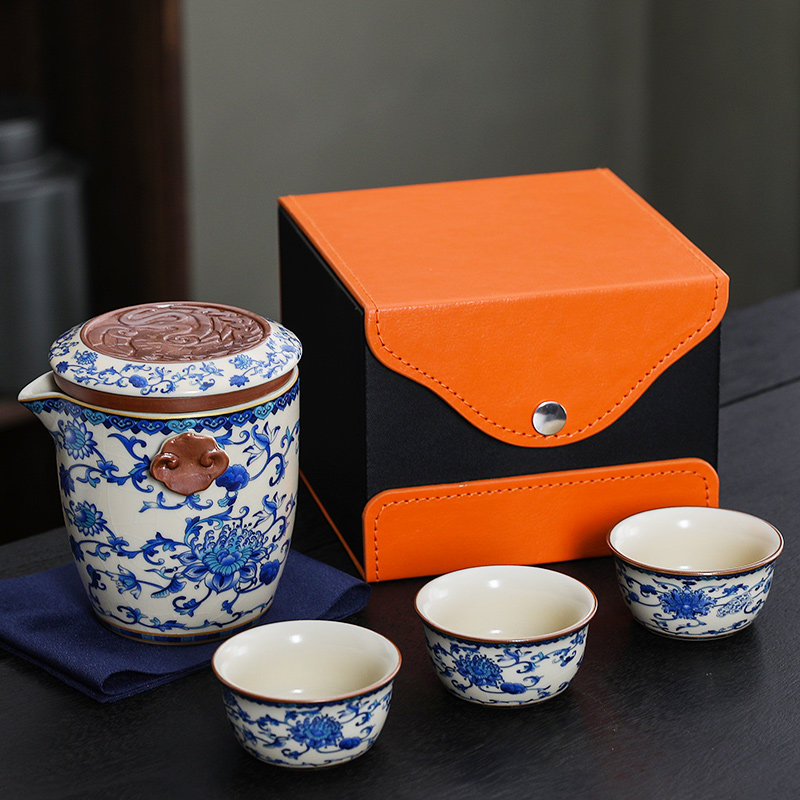 Portable quick cup, one pot, three cups, travel tea set, Ru Kiln Kung Fu tea cup, outdoor car-mounted tea making