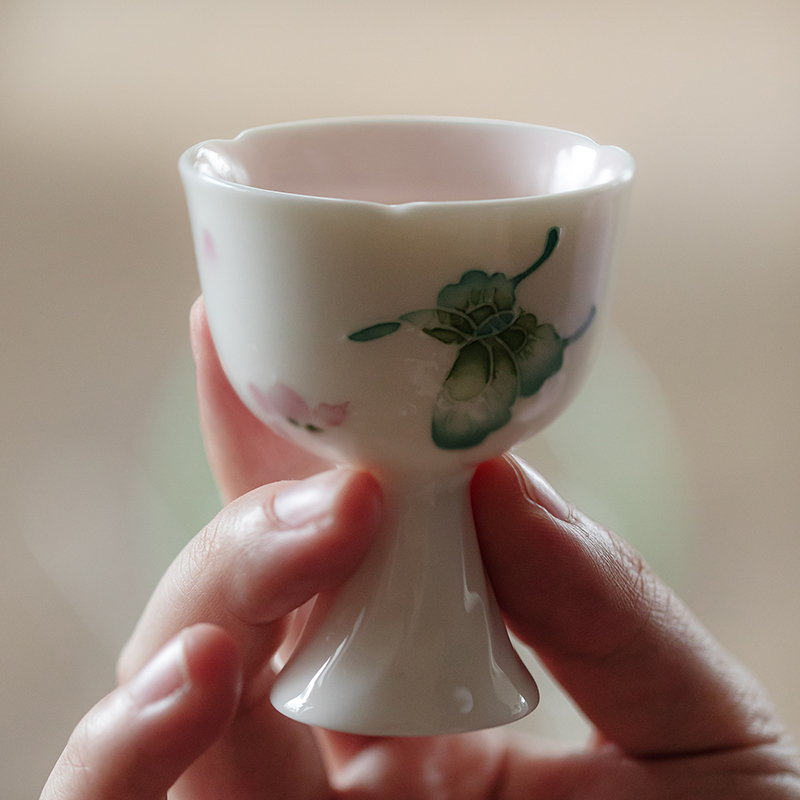 梵汝景德镇手绘蝴蝶茶杯女士高档主人杯高足花口杯品茗杯功夫茶具 - 图0