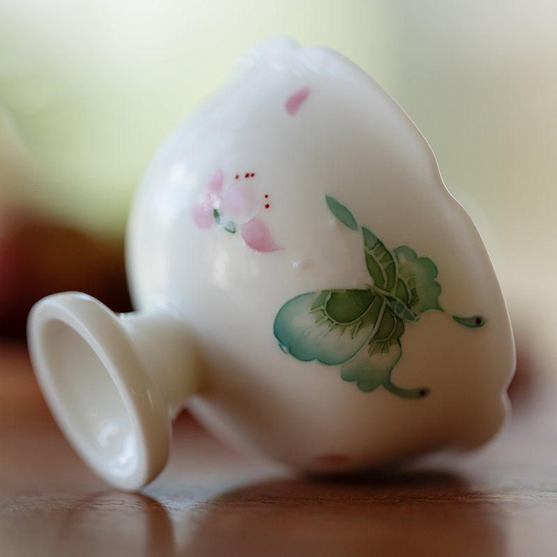 梵汝景德镇手绘蝴蝶茶杯女士高档主人杯高足花口杯品茗杯功夫茶具 - 图3