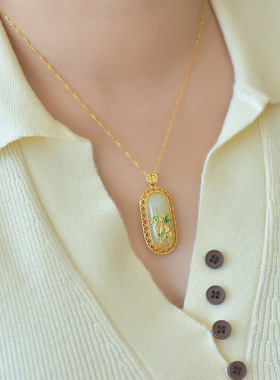 带证书和田玉吊坠镶嵌纯银珐琅竹子新中式复古风项链汉服配饰