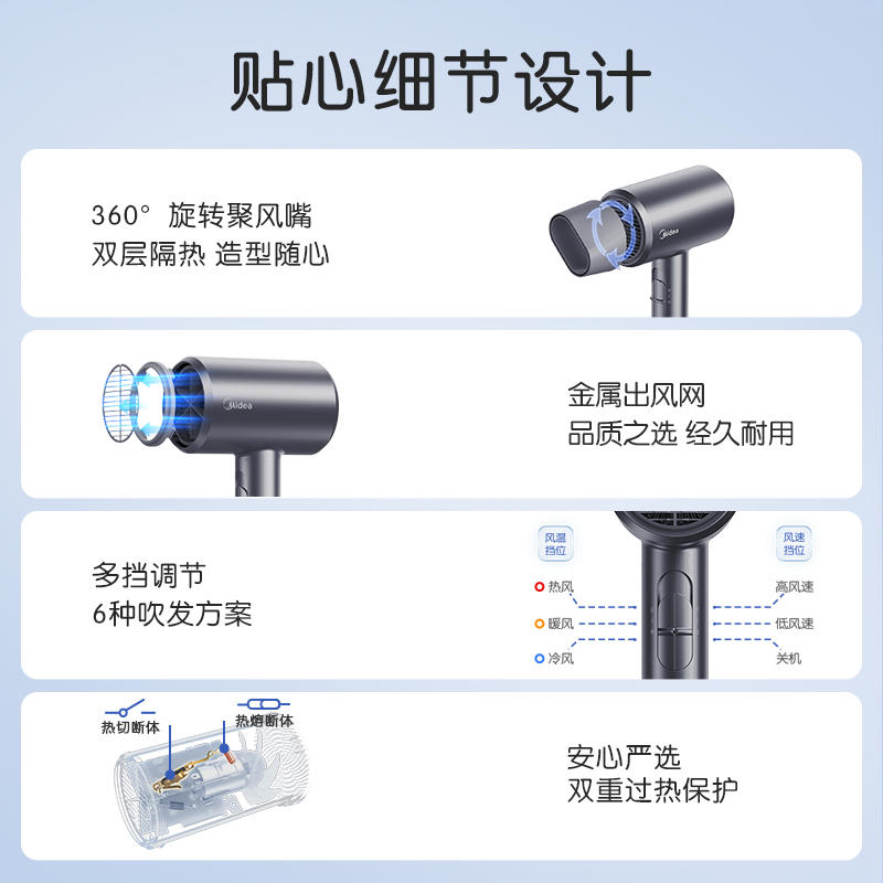 美的吹风机负离子护发静音速干电吹风家用大功率吹风筒2026新款