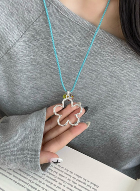 韩系蓝色镂空花朵项链女