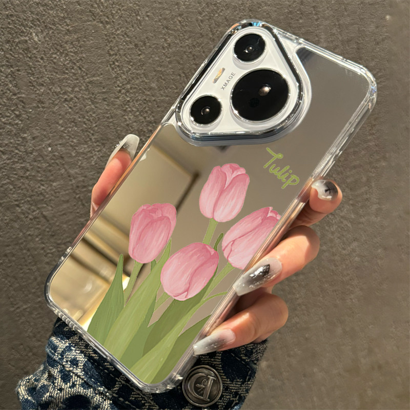 ins风郁金香少女心镜面适用iphone15promax苹果17手机壳11新款16pro时尚12日韩创意可爱13pm镜子全包防摔软壳,淘宝优惠券,粉丝福利购,淘宝优惠卷