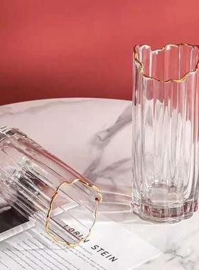 描金不规则欧式玻璃透明客厅插花富贵竹干花简约花瓶摆件手工