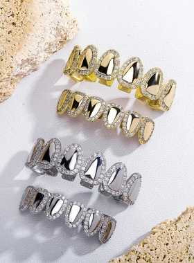 金澳跨境嘻哈牙套镜面爱心镶锆大金牙万圣节HIPHOP潮流配饰