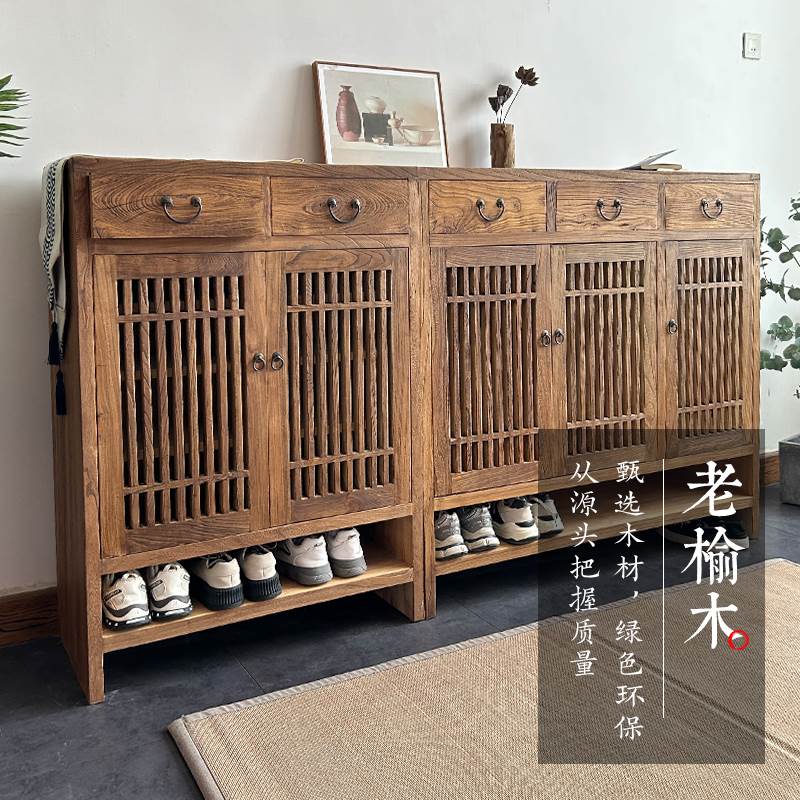 老榆木鞋柜客厅玄关柜实木餐边柜原木家用透气收纳储物柜新中式 - 图0