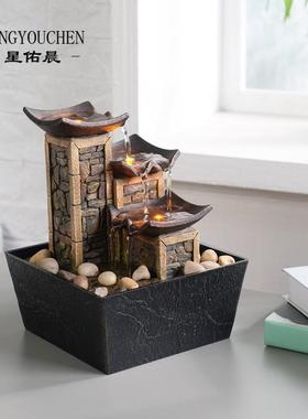 创意流水摆件中式瓦片小夜灯桌面办公室流水循环喷泉开业乔迁礼品